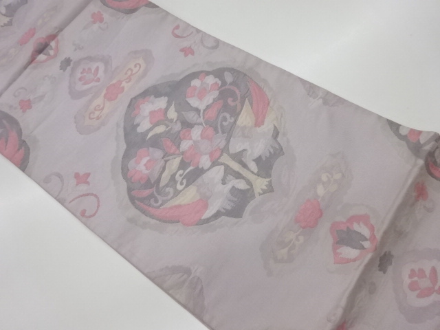 リサイクル　抽象草花に向かい動物模様織出し袋帯